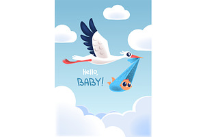 Stork with baby. Newborn birth baby, an Animal Illustration by Stock-Smart-Start
