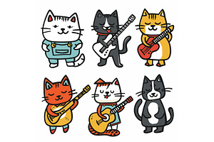 Six cartoon cats playing guitars, a Person Illustration by Vectorstockersland