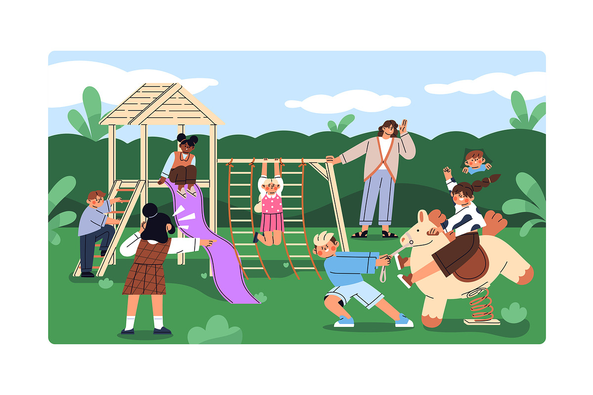 Happy kids playing on playground set, a Person Illustration by PaperTrident (Photo 2 of 5)