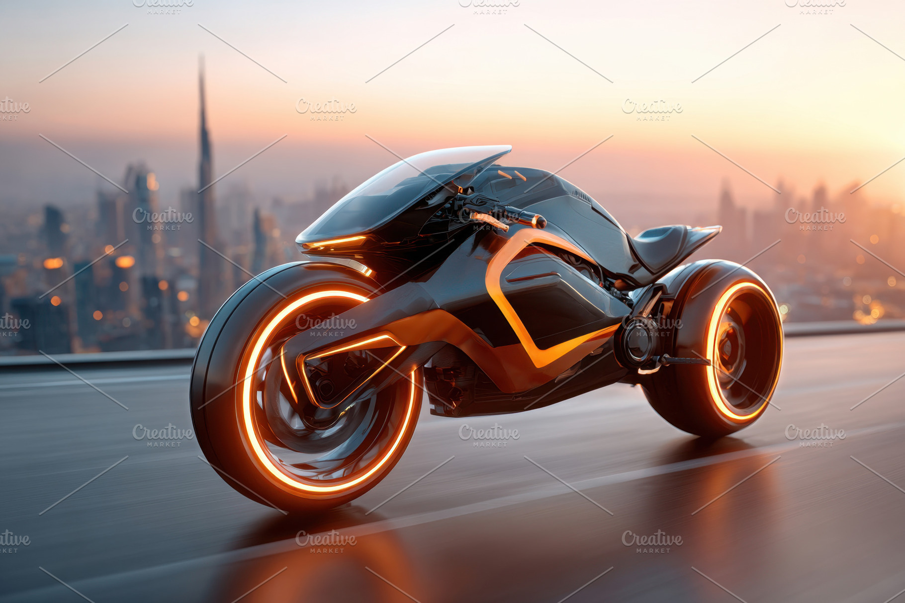Futuristic motorcycle against city skyline at sunset, a Transportation Photo by AlyaAnd