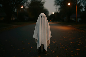 child in ghost costume on street, generative AI, a Photo by Nito