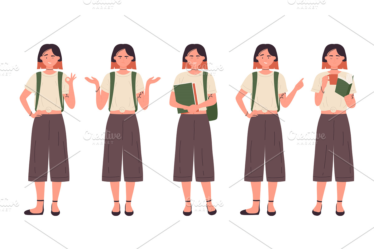 Student Girl Poses in Various, a Person Illustration by Flashvector
