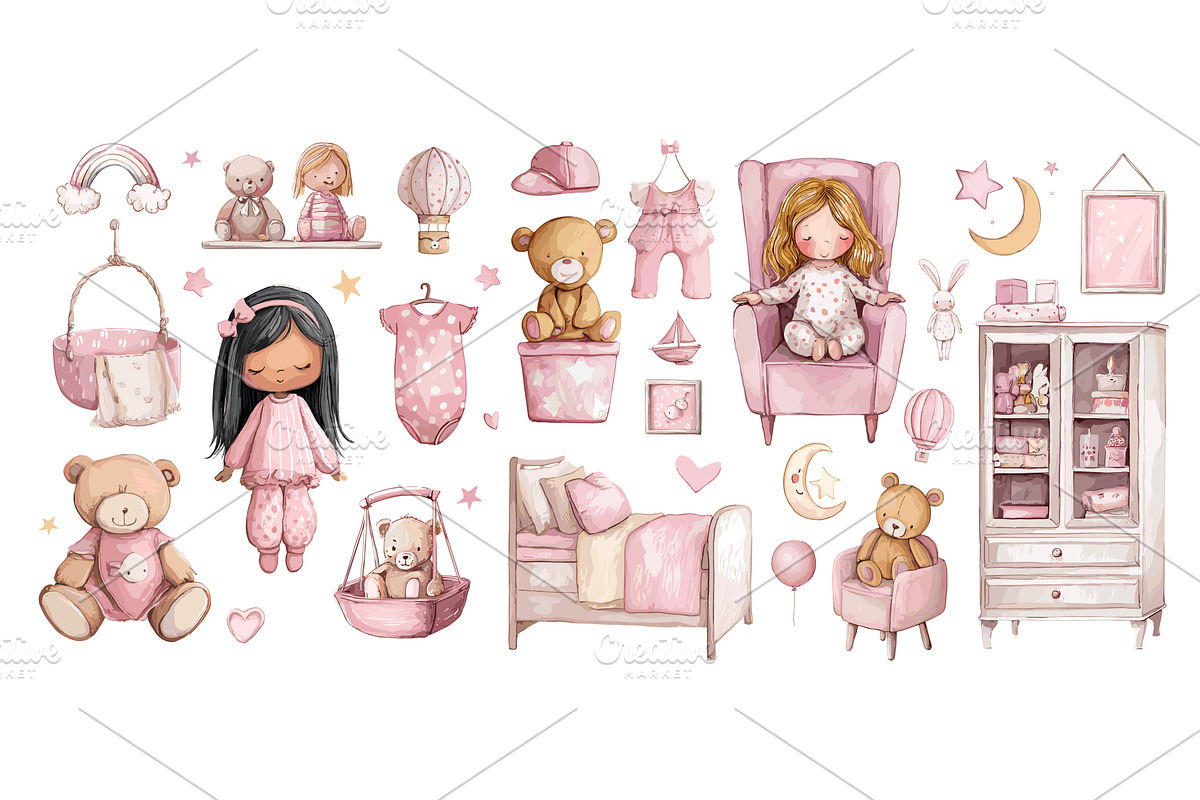Baby shower girl. Pink nursery room, an Object Illustration by Stock-Smart-Start