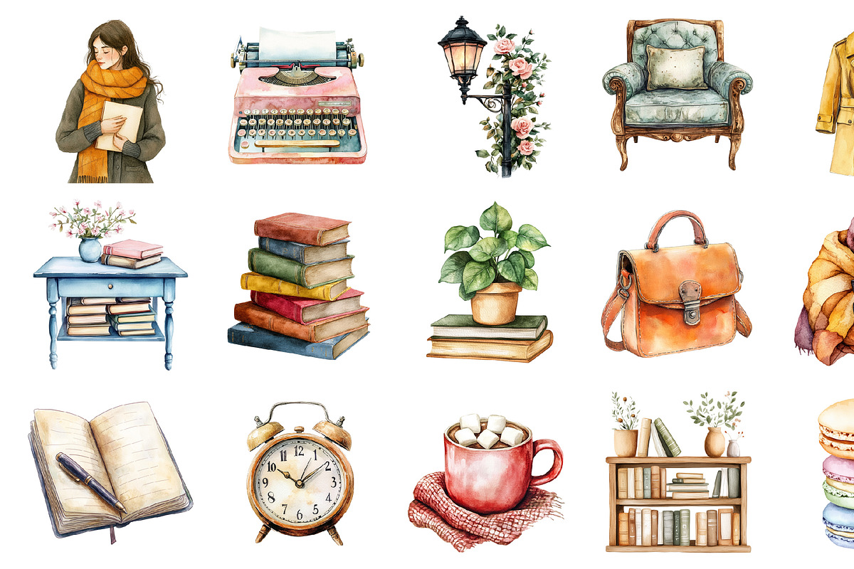 Watercolor Bookish Girl Clipart, an Illustration by Design Market (Photo 4 of 4)