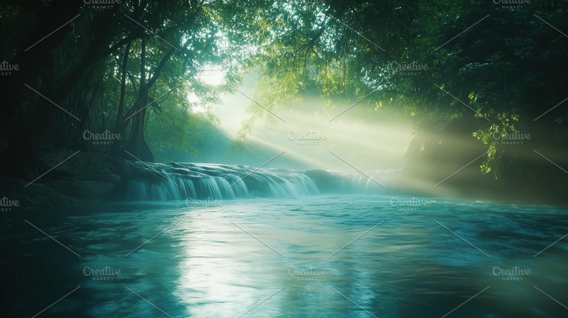 A serene river scene with gentle waterfalls, surrounded by lush greenery. Sunli, a Photo by Textures & Backgrounds