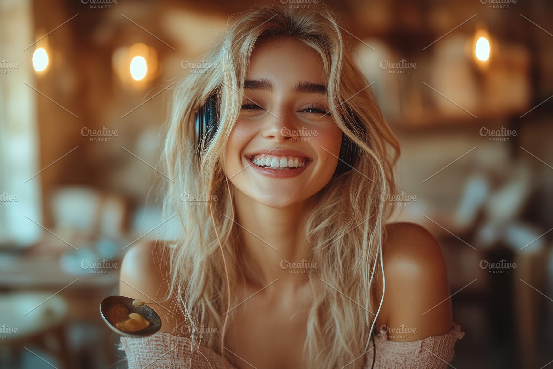 Smiling young woman wearing headphon, a Photo by Tanuart
