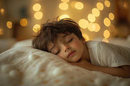 Little child boy sleeps in a crib on blurred lights background, a Person Photo by AlyaAnd