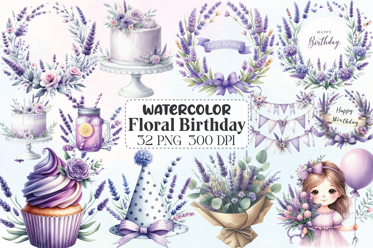 Lavender Floral Birthday Clipart, an Illustration by CraftArtStudio (Photo 1 of 5)