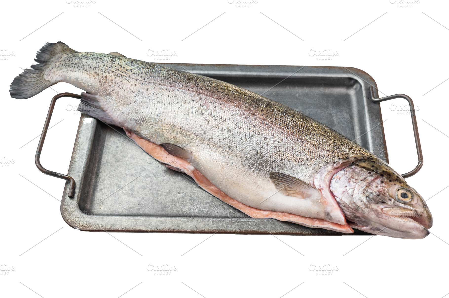 Whole raw rainbow trout on metal tray with herbs and spices flat, a Food & Drink Photo by composter-box@mail.ru
