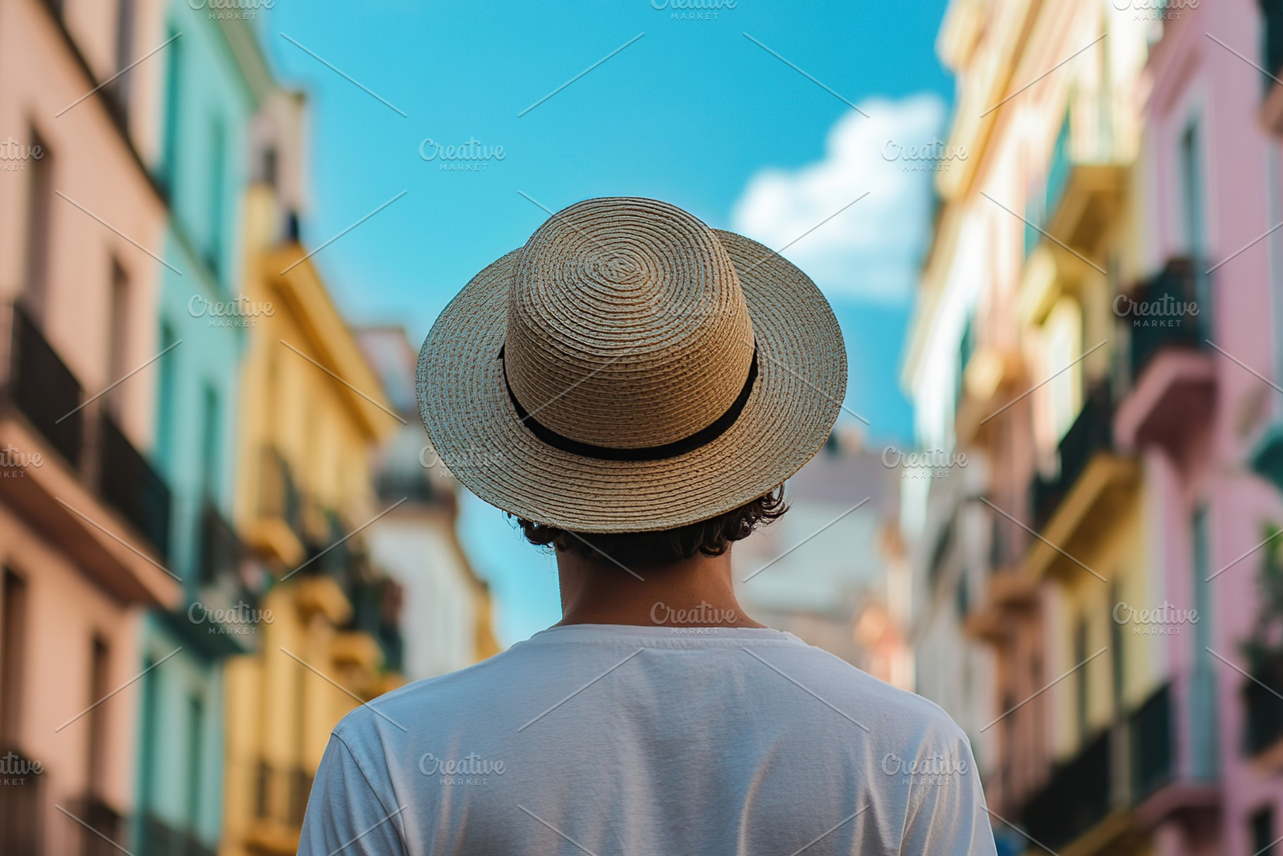 Man wearing a straw hat walking through a vibrant street in a colorful town, a Person Photo by AlyaAnd