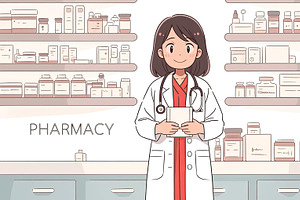 Cartoon pharmacist in a pharmacy setting holding a prescription pad, an Illustration by AS photostudio