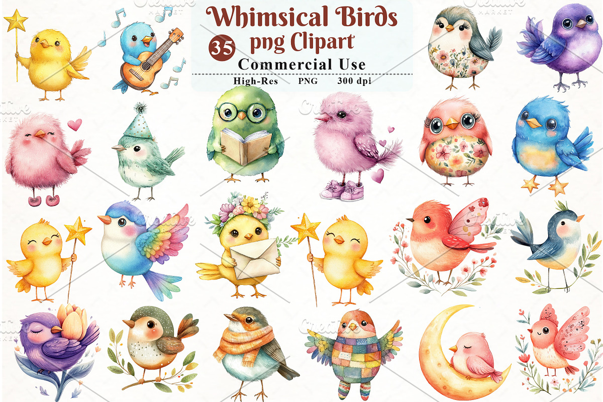 Watercolor Whimsical Birds Clipart, an Illustration by Watercolor design (Photo 1 of 11)