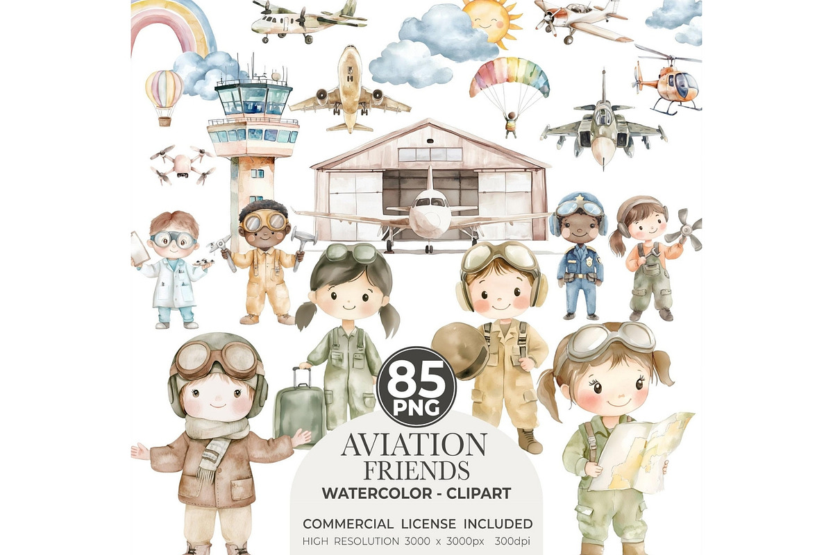 Aviator Friends Watercolor Clipart, an Illustration by CharmClipart (Photo 1 of 8)