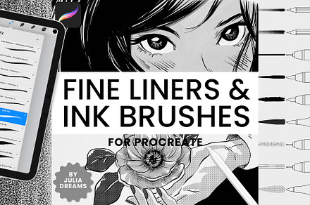 Fine Liners Ink Brushes Procreate, a Brush Add-On by Julia Dreams