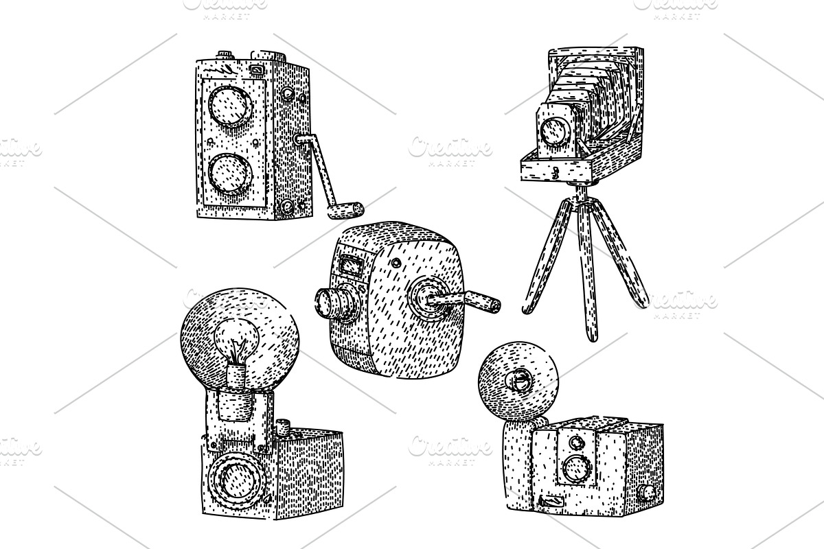 vintage camera set sketch hand drawn, an Object Illustration by pikepicture