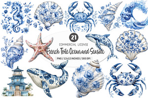 French Toile Ocean & Seaside Clipart, an Illustration by SinaCreation