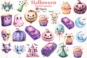 Cute Pastel Spooky Halloween Clipart, an Illustration by Watercolor design