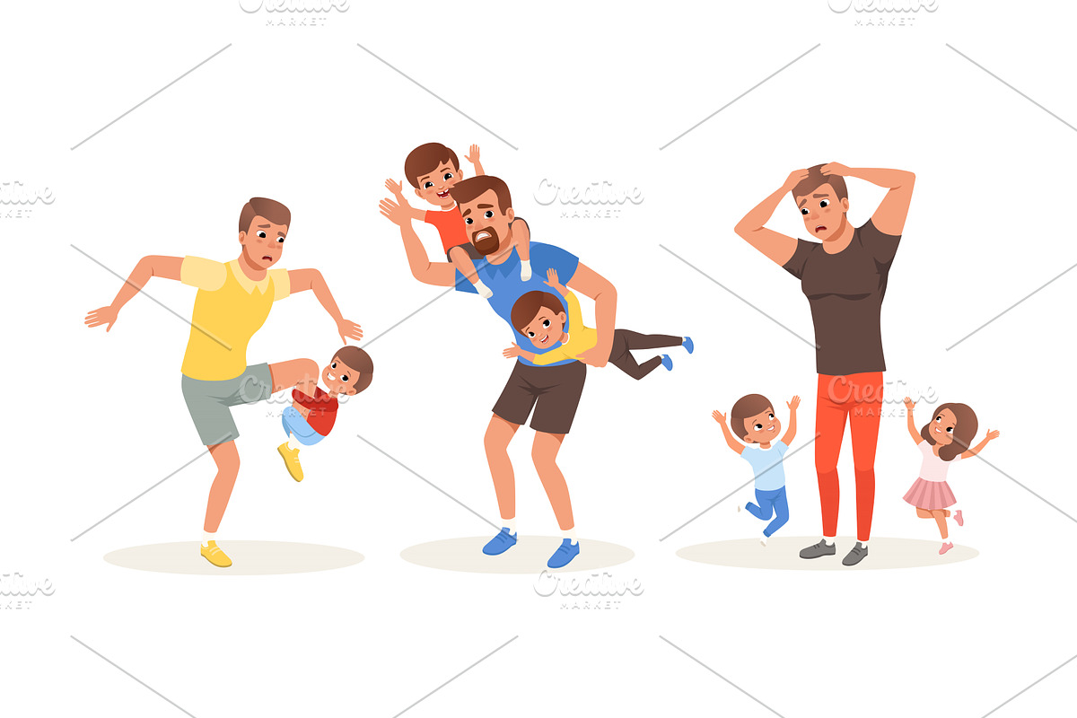Exhausted Dad and Hyperactive Child, a Person Illustration by TopVectors