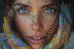 A young woman with striking blue eyes and paint-splattered hands, reflecting cr, a Person Photo by ImageMir