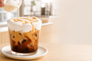 Creamy iced coffee being poured into, a Photo by Dvoevnore photos