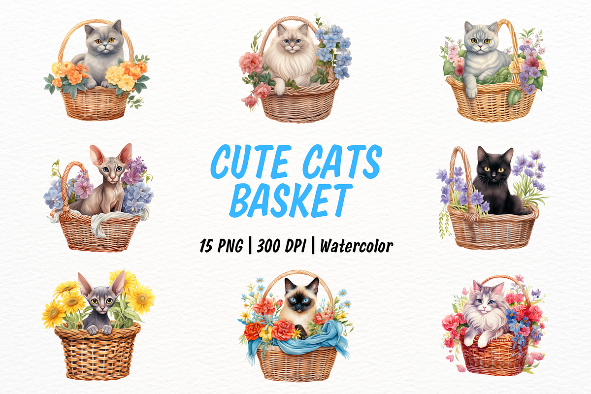 Cute Cats in Flower Basket Clipart, an Animal Illustration by New-School-Wave (Photo 1 of 5)