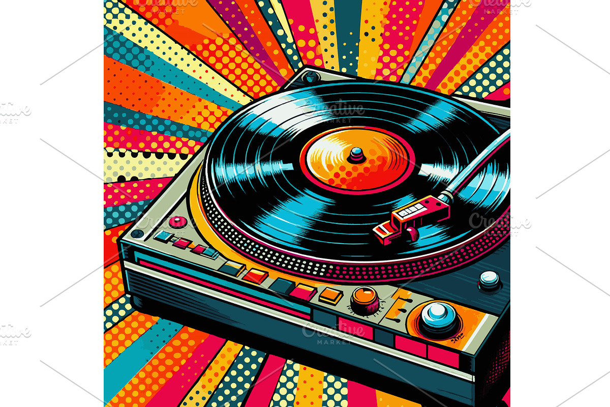 Pop Art Style Turntable with Vinyl, an Illustration by AlexArt