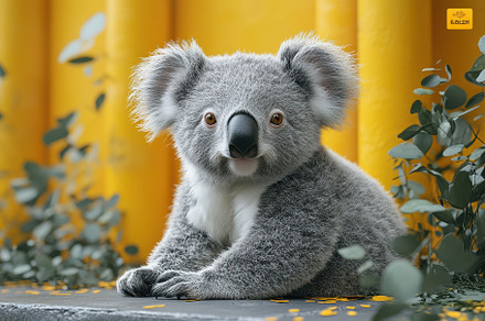 Cute koala resting on a stone with y, a Photo by Tanuart