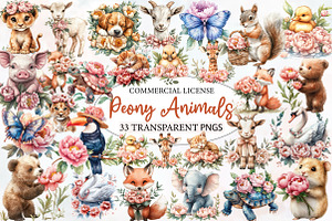 Summer Peony Flower Animals Clipart, an Illustration by Designworld