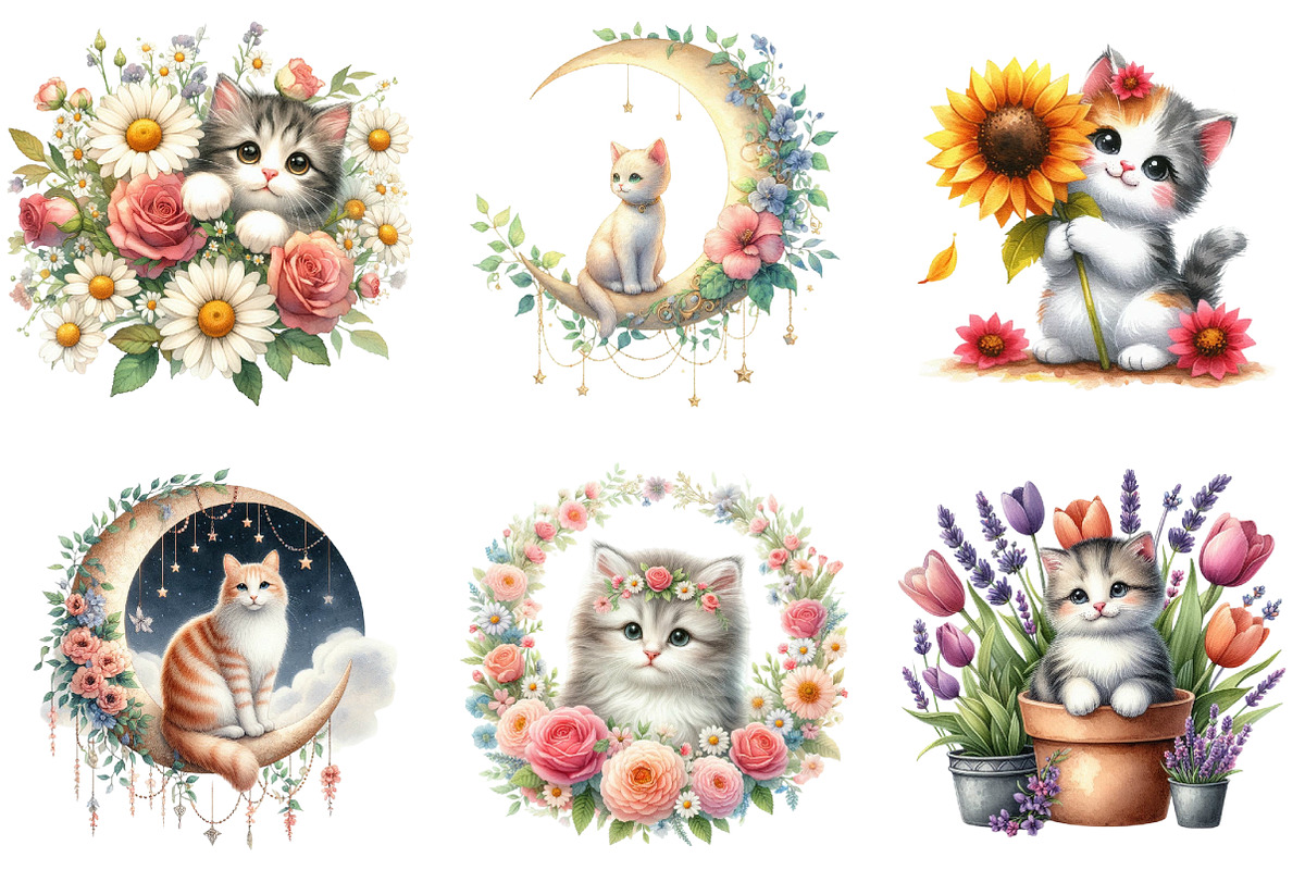 Floral Cute Cat Clipart Bundle, an Illustration by DreamArtGraphic (Photo 3 of 4)