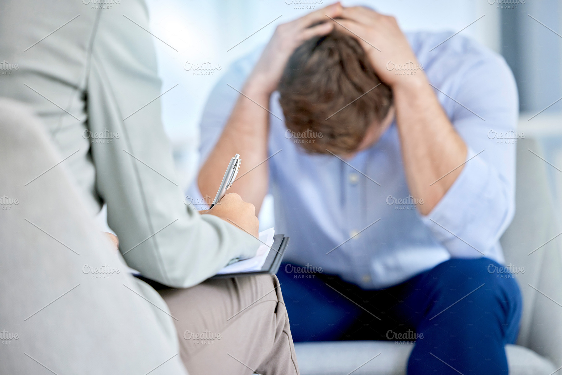 Fail, fired and businessman sad is jobless, depression and corporate employee feeling anxiety suffering for mental health. Worker, frustrated and stress at work suffering from burnout or fatigue, a Photo by Peopleimages.com