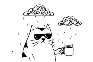 Cartoon Cat With Coffee Rain Cloud, an Illustration by patrimonio
