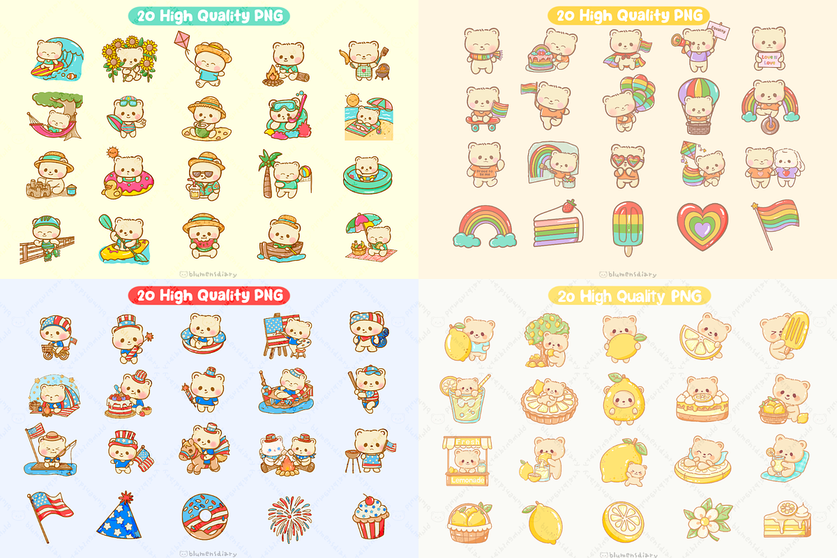 Kawaii Bear Summer Vibes Bundle, an Animal Illustration by Blumensdiary (Photo 2 of 3)