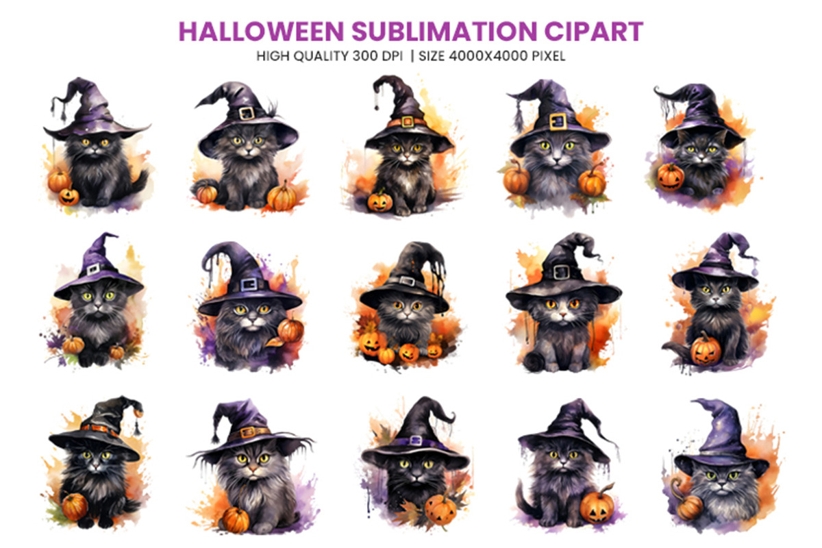 Watercolor Halloween Cat PNG Bundle, a Seasonal Illustration by Creative Arslan (Photo 2 of 7)