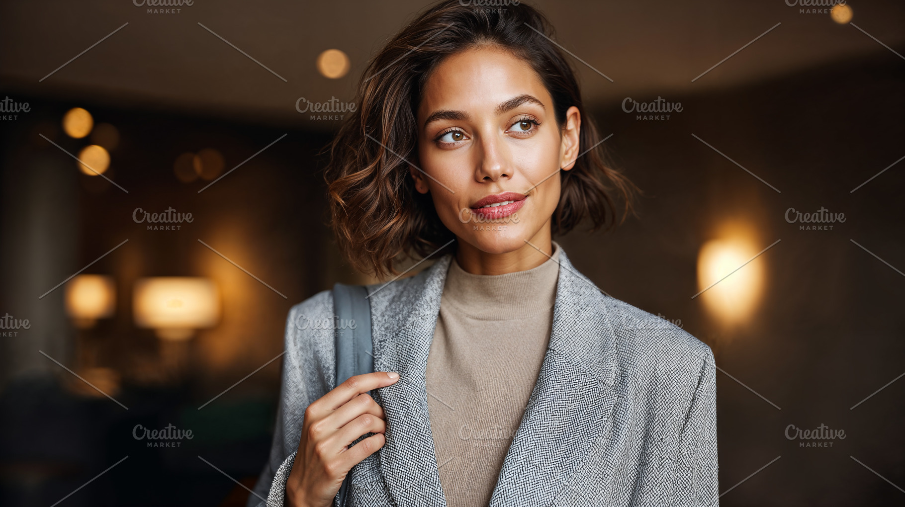 Elegant woman at upscale hotel lobby during evening hours, a Holiday Photo by OSORIOartist