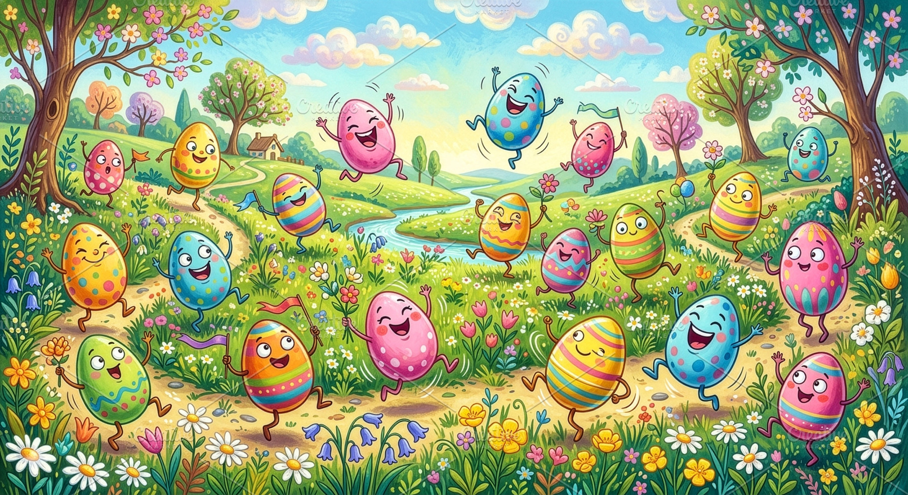 Group of happy cartoon easter eggs d, a Holiday Photo by Imaginarium