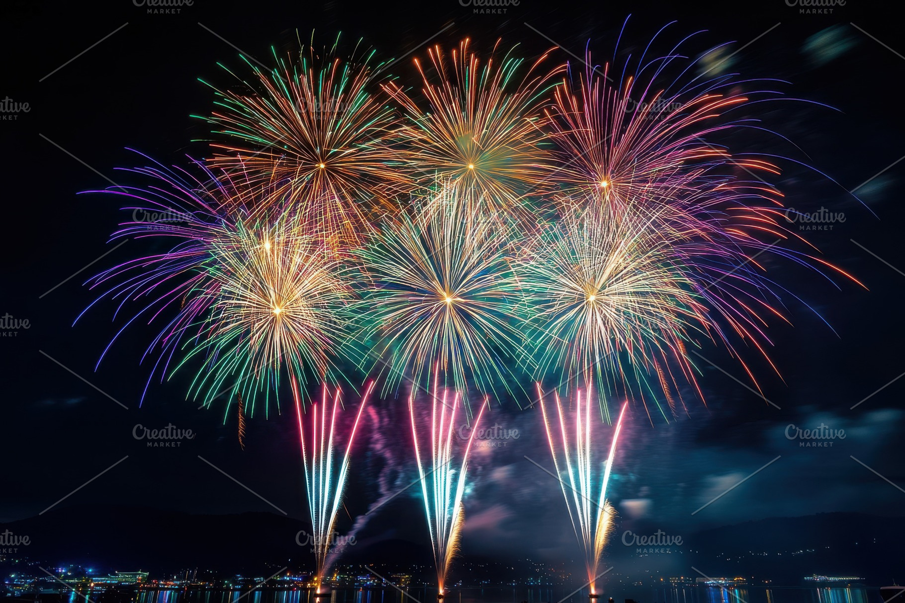 Vibrant Fireworks Display Over Lake, a Photo by Pixeness Studio