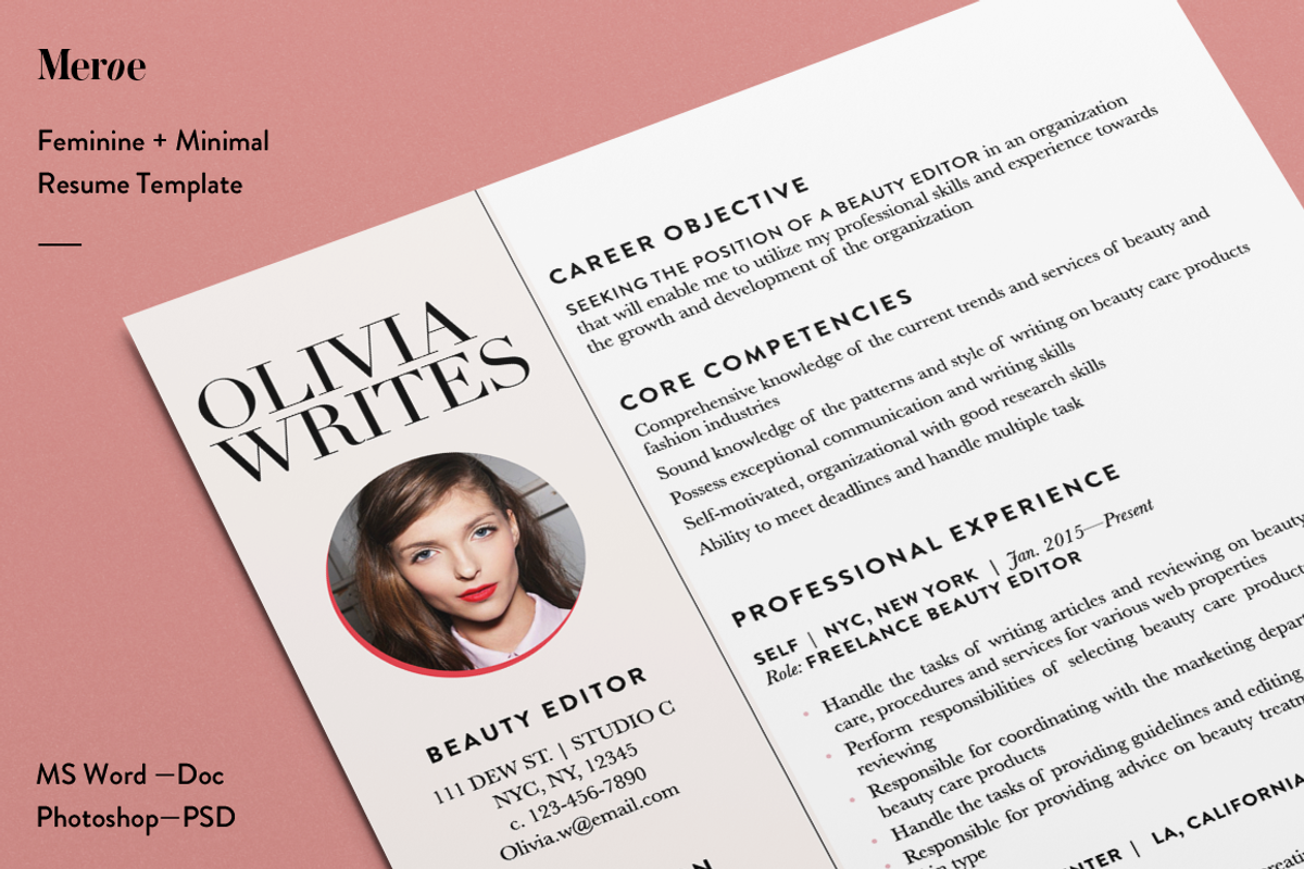 Feminine Resume / CV Template, a Resume Template by STUDIO MEROE (Photo 2 of 7)