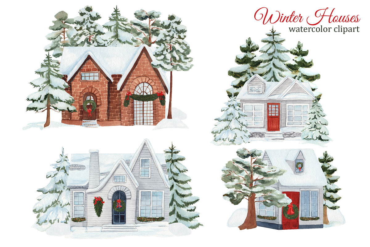 Watercolor Winter House Clipart, an Illustration by s.yanyeva (Photo 3 of 4)