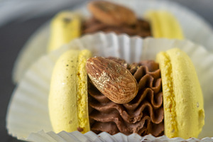 Macaron shells chocolate ganache dessert cookie, a Food & Drink Photo by Photo Drive Studio