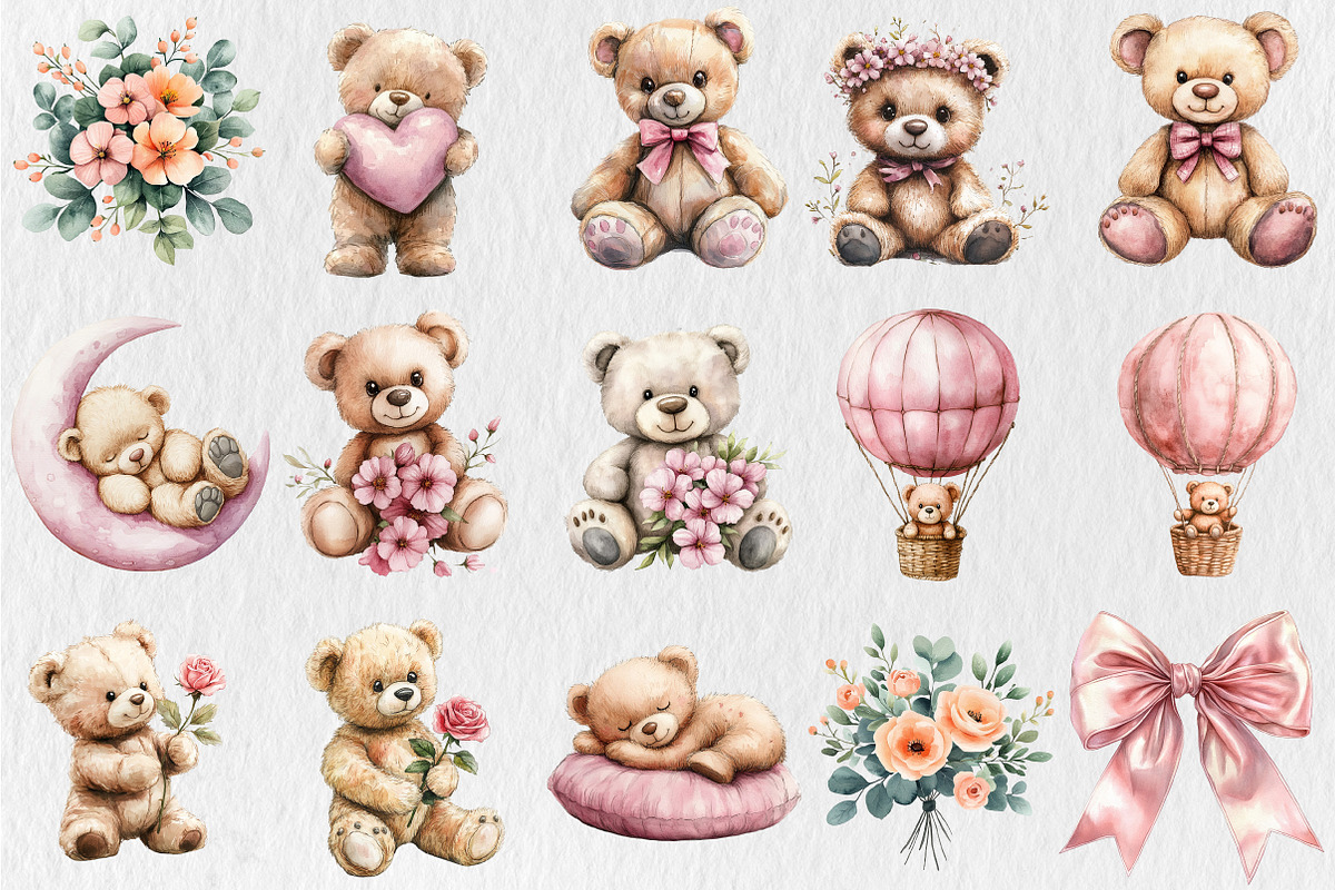 Watercolor Teddy Bear Clipart, a Seasonal Illustration by Rose Art (Photo 3 of 3)