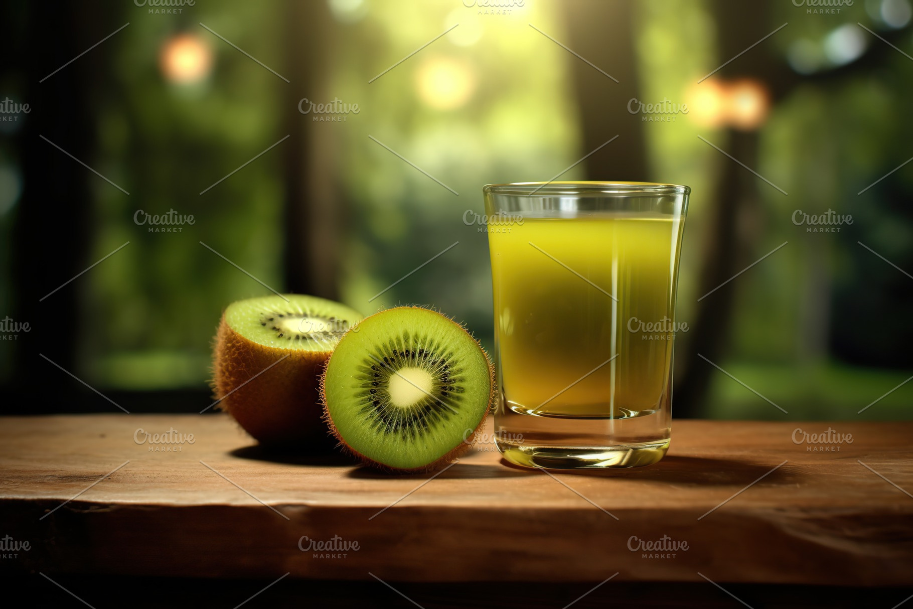 Glass of kiwi juice with fruits on wooden table, a Food & Drink Photo by AlyaAnd