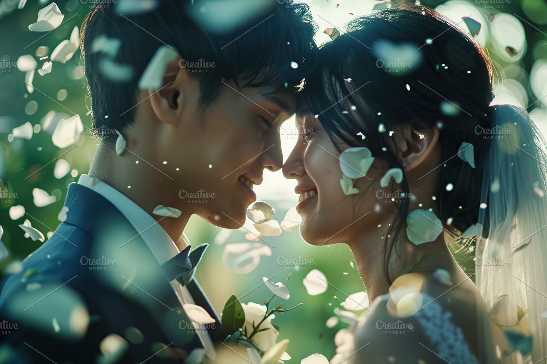 Happy young asian bride and groom celebrating marriage ceremony, a Person Photo by AlyaAnd