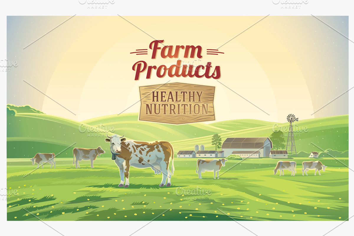 Rural sunrise landscape with cows., an Animal Illustration by Countryside life (Photo 2 of 5)