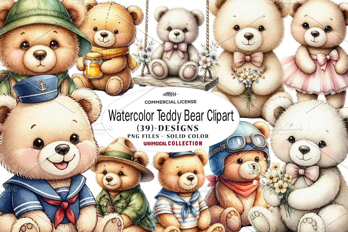 Watercolor Teddy Bear Clipart, a Seasonal Illustration by CreationArt (Photo 1 of 7)