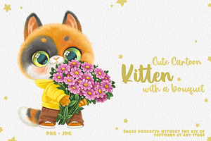 Cute kitten with bouquet of flowers, an Animal Illustration by Azuzlikus