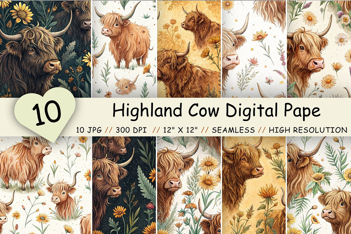 Highland Cow Digital Paper Pack, a Pattern Graphic by FloridPrintables (Photo 1 of 9)