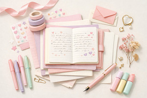 Pastel stationery set with notebook, a Photo by Dvoevnore photos