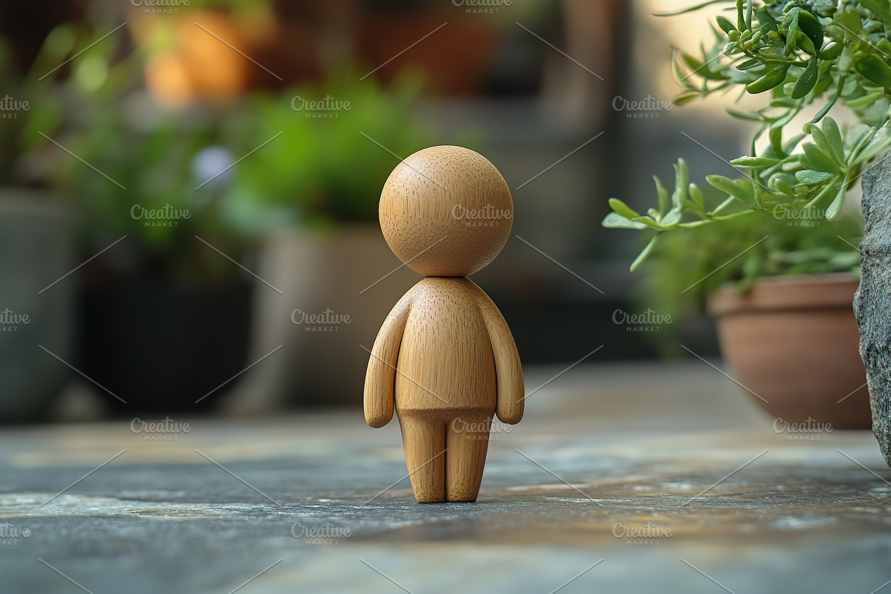 A wooden human figure with rounded features poses upright on a rough surface, b, an Abstract Photo by AlyaAnd