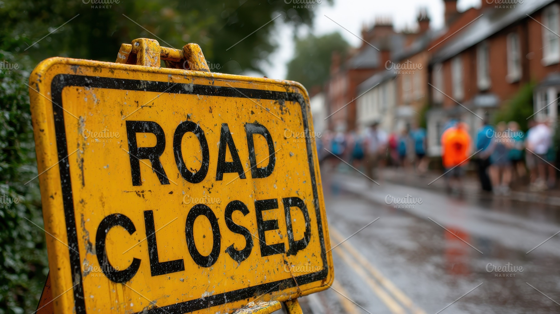 Road Closed sign during a rainy race, a Photo by Pixeness Studio