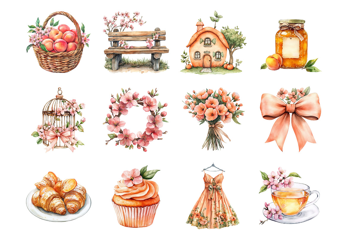 Watercolor Cute Peaches Garden Fruit, an Illustration by SinaCreation (Photo 7 of 7)